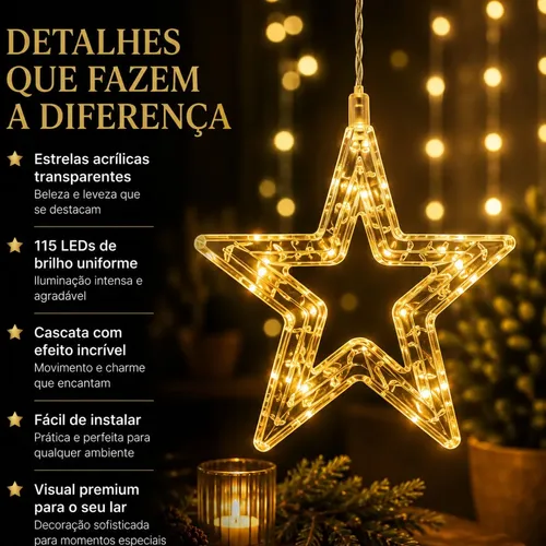 Cascata De Natal Estrelas Bivolt 110 Leds Com 8 Funções