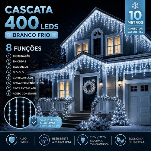 Cascata natal com 8 funcoes branco frio 400 leds 10 metros e