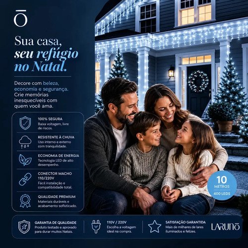 Cascata Natal Com 8 Funções Branco Frio 400 Leds 10 Metros Extensível Macho Fêmea A Prova D'agua área interna e externa LARUNO