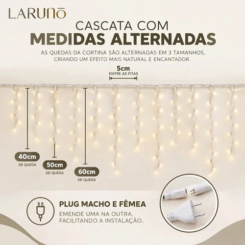 Cascata Natal Com 8 Funções Branco Frio 400 Leds 10 Metros Extensível Macho Fêmea A Prova D'agua área interna e externa LARUNO
