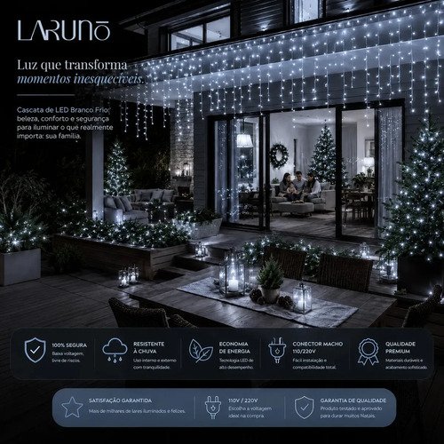 Cascata Natal Com 8 Funções Branco Frio 400 Leds 10 Metros Extensível Macho Fêmea A Prova D'agua área interna e externa LARUNO