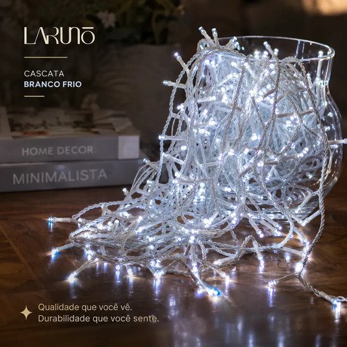 Cascata Natal Com 8 Funções Branco Frio 400 Leds 10 Metros Extensível Macho Fêmea A Prova D'agua área interna e externa LARUNO