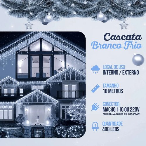Cascata Natal Com 8 Funções Branco Frio 400 Leds 10 Metros Extensível Macho Fêmea A Prova D'agua área interna e externa LARUNO