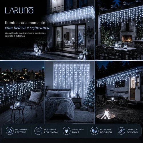 Cascata Natal Com 8 Funções Branco Frio 400 Leds 10 Metros Extensível Macho Fêmea A Prova D'agua área interna e externa LARUNO