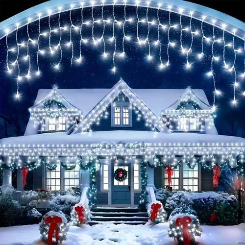 Cascata Natal Com 8 Funções Branco Frio 400 Leds 10 Metros Extensível Macho Fêmea A Prova D'agua área interna e externa LARUNO