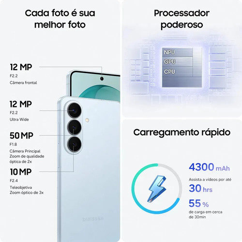Celular Samsung Galaxy S26 5G, 256GB, 12GB RAM, Galaxy AI, Câmera Tripla de 50+12+10, Tela de 6.3" Preto