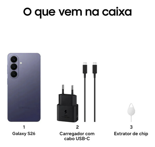 Celular Samsung Galaxy S26 5G, 256GB, 12GB RAM, Galaxy AI, Câmera Tripla de 50+12+10, Tela de 6.3" Preto