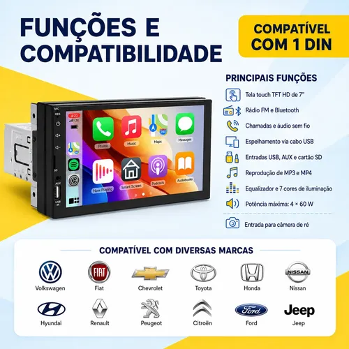 Central Multimídia 1 Din Mp5 Bluetooth 7 Espelha Hd