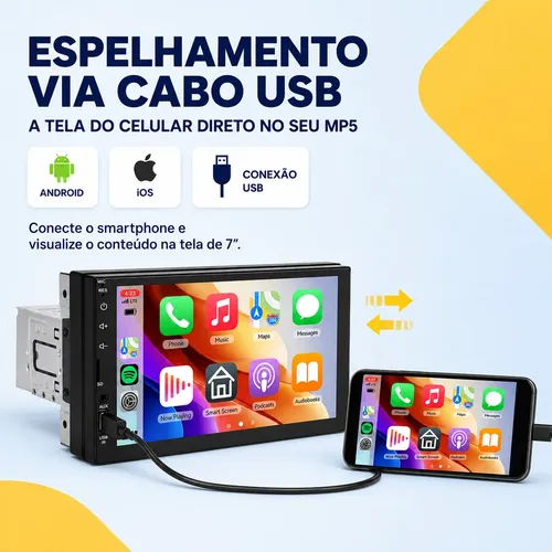 Central Multimídia 1 Din Mp5 Bluetooth 7 Espelha Hd