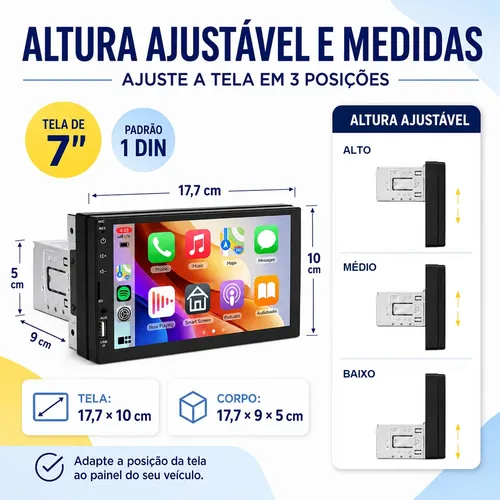Central Multimídia 1 Din Mp5 Bluetooth 7 Espelha Hd
