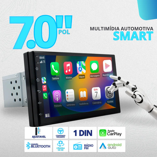 Central Multimídia Mp5 1 Din Carplay Android-auto 7'+ Cam Ré