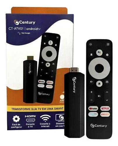 Century smart stick android tv wi fi 8gb comando de voz chro