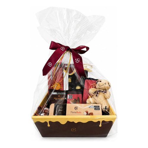Cesta de chocolate cacau show presentes 10 itens com ursinho 1