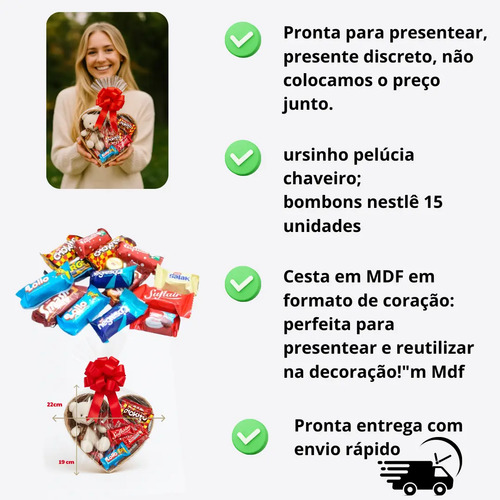 Cesta De Coração Mdf Chocolates + Pelucia Presente Namorada