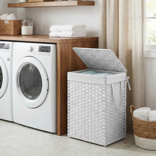 Cesto de roupa 90 l dobravel de rattan sintetico com tampa b