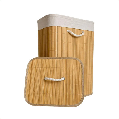 Cesto de roupa bambu retangular de 72l com tampa e forro de