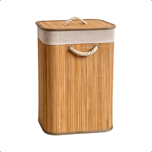Cesto de Roupa Bambu Retangular de 72L com Tampa e Forro de Linho