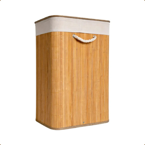 Cesto de Roupa Bambu Retangular de 72L com Tampa e Forro de Linho
