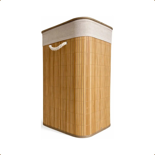Cesto de Roupa Bambu Retangular de 72L com Tampa e Forro de Linho