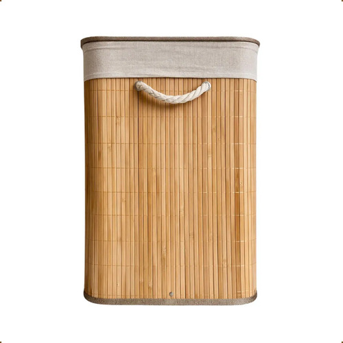 Cesto de Roupa Bambu Retangular de 72L com Tampa e Forro de Linho