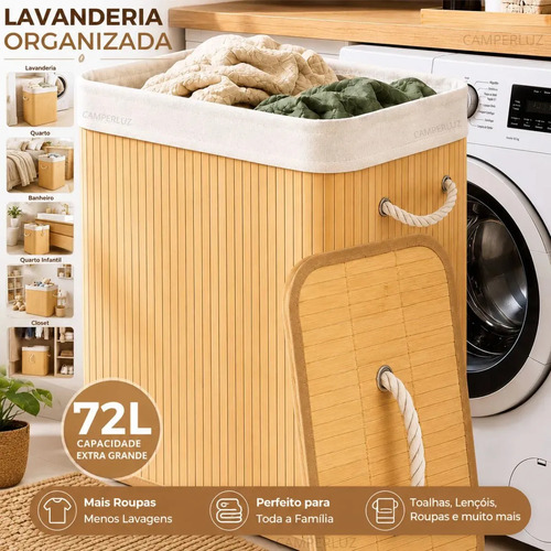 Cesto organizador de roupa bambu dobravel retangular com tam