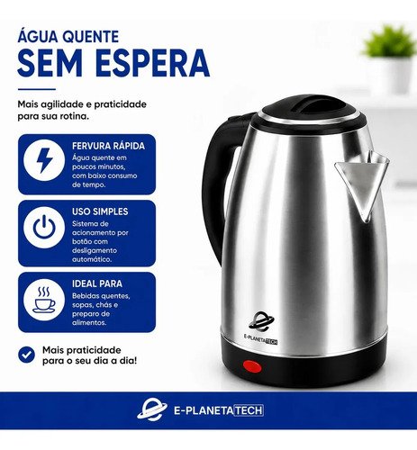 Chaleira Elétrica De Aço Inox E Planeta Tech 1200w 1,8 Litros com Desligamento Automático e Base Giratória