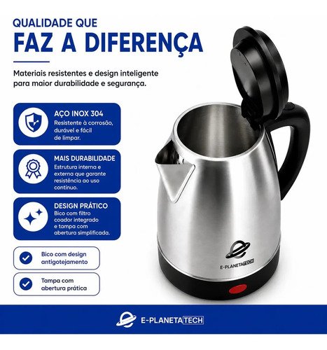 Chaleira Elétrica De Aço Inox E Planeta Tech 1200w 1,8 Litros com Desligamento Automático e Base Giratória