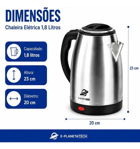 Chaleira Elétrica De Aço Inox E Planeta Tech 1200w 1,8 Litros com Desligamento Automático e Base Giratória