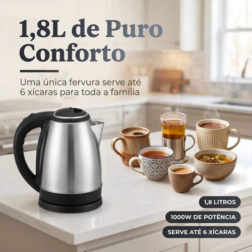 Chaleira Elétrica Inox 1,8 Litros com Desligamento Automático e Base Giratória
