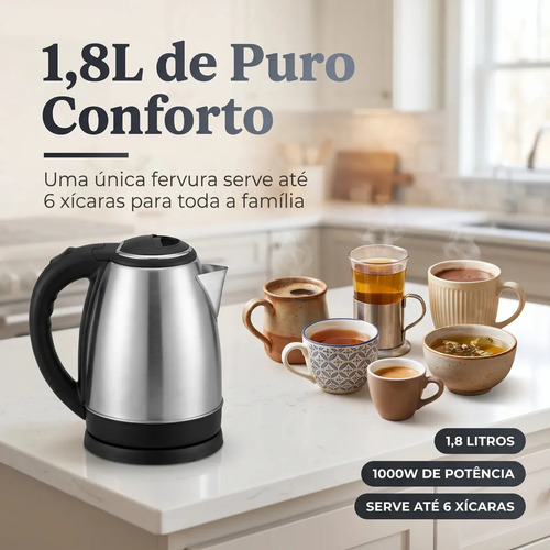 Chaleira Elétrica Inox 1,8 Litros com Desligamento Automático e Base Giratória
