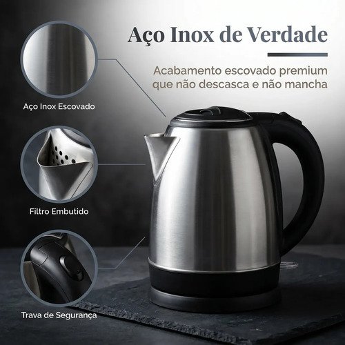 Chaleira Elétrica Inox 1,8 Litros com Desligamento Automático e Base Giratória