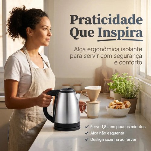 Chaleira Elétrica Inox 1,8 Litros com Desligamento Automático e Base Giratória