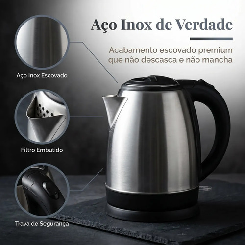 Chaleira Elétrica Inox 1,8 Litros com Desligamento Automático e Base Giratória