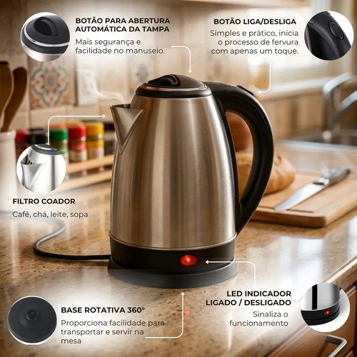 Chaleira Elétrica Inox 2 Litros 1500w Jarra Desligamento Automático Aquecimento Rápido Bule Pítia