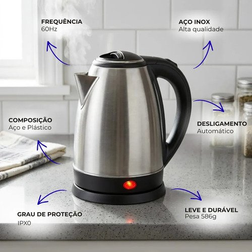 Chaleira Elétrica Inox 2 Litros 1500w Jarra Desligamento Automático Aquecimento Rápido Bule Pítia