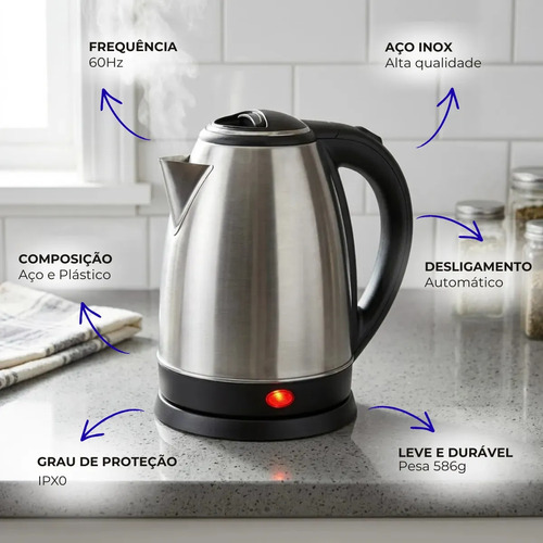 Chaleira Elétrica Inox 2 Litros Jarra Desligamento Automático Aquecimento Rápido Bule Pítia