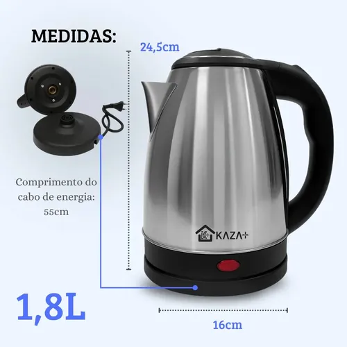 Chaleira Elétrica Kaza+ 1,8l Inox Aquecimento Rápido