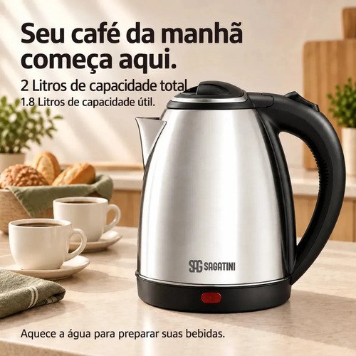 Chaleira Elétrica SAGATINI Inox 2 Litros Desligamento Automático Base Giratória 360° Para Café e Chá