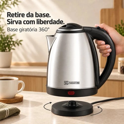 Chaleira Elétrica SAGATINI Inox 2 Litros Desligamento Automático Base Giratória 360° Para Café e Chá