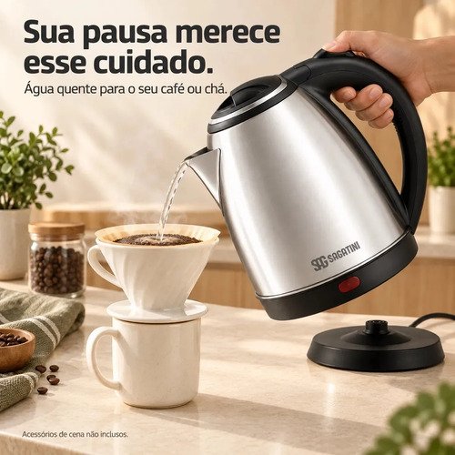 Chaleira Elétrica SAGATINI Inox 2 Litros Desligamento Automático Base Giratória 360° Para Café e Chá