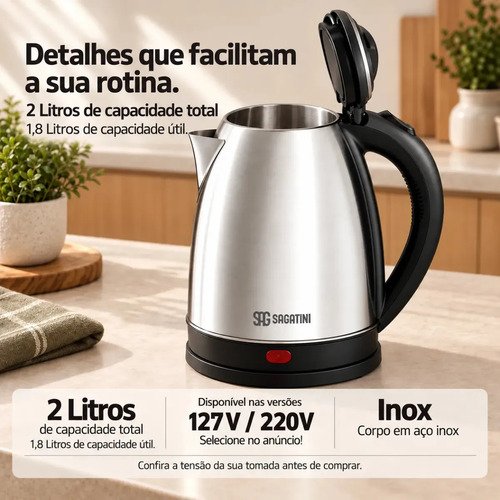 Chaleira Elétrica SAGATINI Inox 2 Litros Desligamento Automático Base Giratória 360° Para Café e Chá