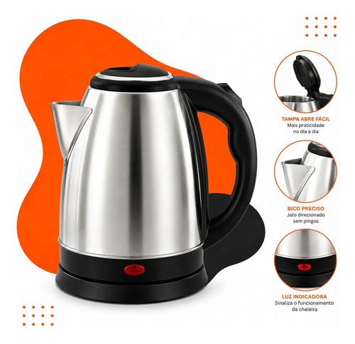 Chaleira Jarra Elétrica 1,8l Litros Em Inox Desligamento Automático Aquecimento Rápido Segura Café Chá Fácil Abertura Tampa Alça Hold On