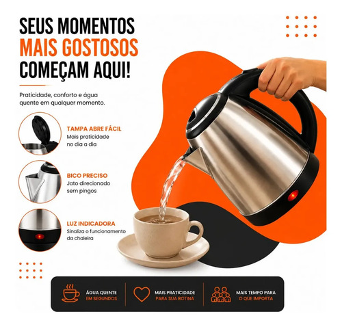 Chaleira Jarra Elétrica 1,8l Litros Em Inox Desligamento Automático Aquecimento Rápido Segura Café Chá Fácil Abertura Tampa Alça Hold On