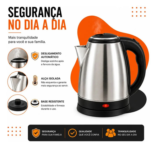 Chaleira Jarra Elétrica 1,8l Litros Em Inox Desligamento Automático Aquecimento Rápido Segura Café Chá Fácil Abertura Tampa Alça Hold On