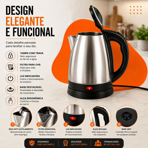 Chaleira Jarra Elétrica 1,8l Litros Em Inox Desligamento Automático Aquecimento Rápido Segura Café Chá Fácil Abertura Tampa Alça Hold On