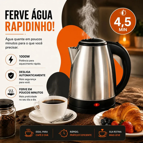 Chaleira Jarra Elétrica 1,8l Litros Em Inox Desligamento Automático Aquecimento Rápido Segura Café Chá Fácil Abertura Tampa Alça Hold On
