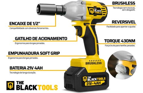 Chave De Impacto A Bateria 21V 1/2" Pol 2400 Rpm Bivolt Com Acessórios E Maleta The Black Tools