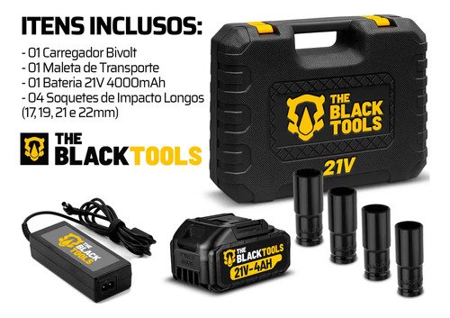 Chave De Impacto A Bateria 21V 1/2" Pol 2400 Rpm Bivolt Com Acessórios E Maleta The Black Tools