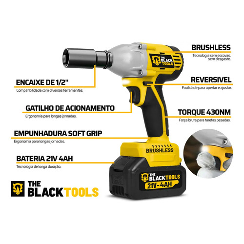 Chave De Impacto A Bateria 21V 1/2" Pol 2400 Rpm Bivolt Com Acessórios E Maleta The Black Tools