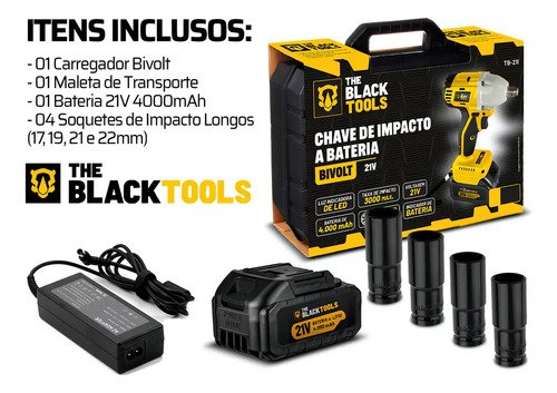 Chave De Impacto A Bateria 21v 4000mah Motor Brushless Com Maleta E Acessorios The Black Tools